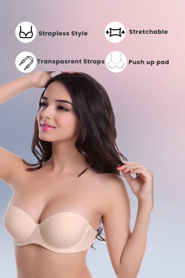 Skin Pushup Strapless Bra with 2 pairs of Transparent and Adjustable Straps - Image 2